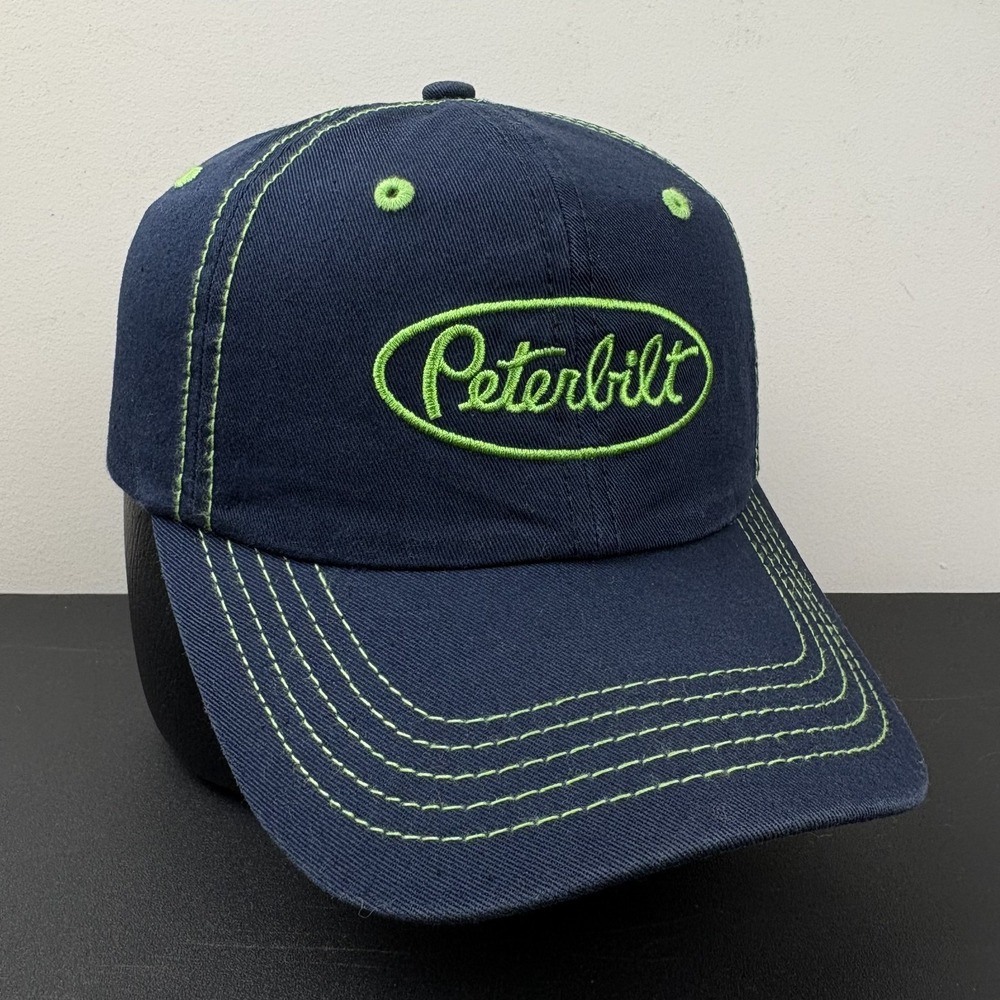 Vintage Y2K Peterbilt Navy Blue Lime Green Contrast Stitch Snapback Hat Cap